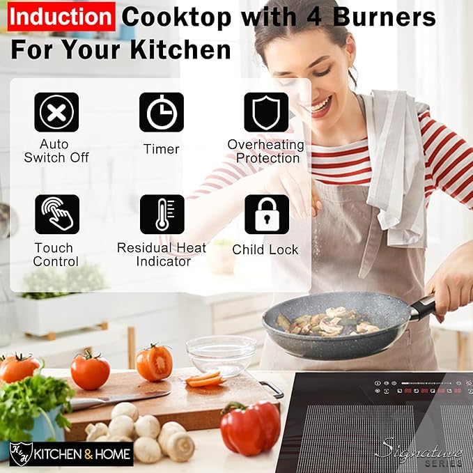 K&H SIGNATURE SERIES 4 Burner 24 Inch Built-in Induction FLEX Electric Stove Top Ceramic Cooktop SLIDER Touch Control 240V 6800W IN24-6004FLX