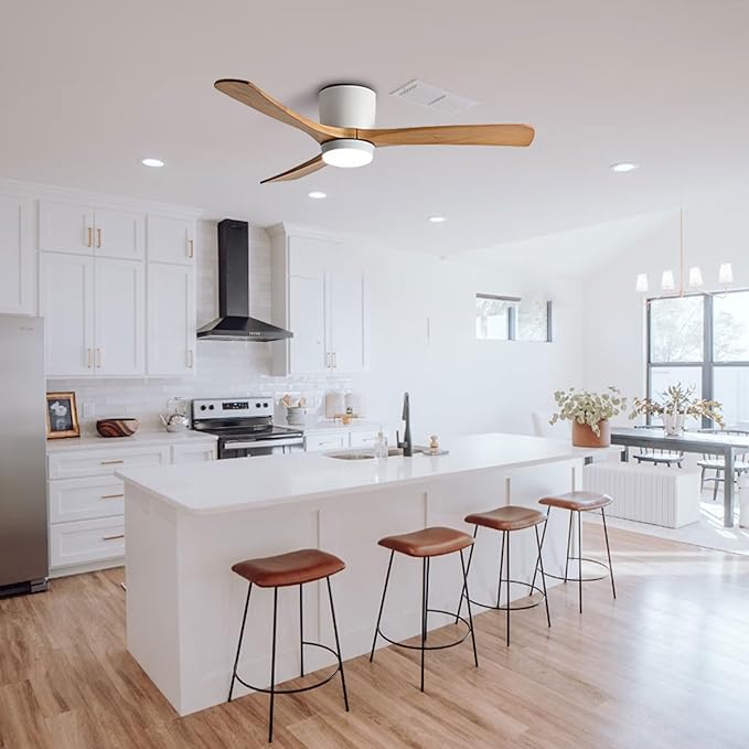 48in Quiet Ceiling Fans with Lights ETL Listed Remote Ceiling Fan Light 6 Gear Wind Speed Ceiling Fans White LED Ceiling Lights Fan Lighting Wooden Blades for Living Room Dining Room Bedroom