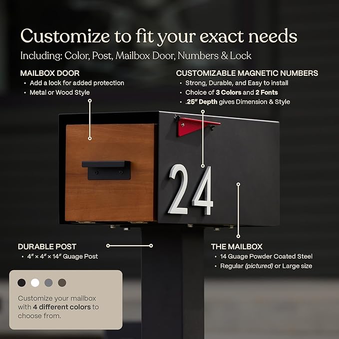 post & porch Malone Mailbox | Post Mounted Mailbox | Black/White/Gray/Brown/Red/Blue/Green, Regular or Large, Weatherproof Mail Box for Outside, Customizable (Black, Large)