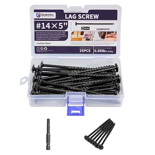 Lag Screws 5 Inch, 25PCS Heavy Duty Construction Screw, Structural Wood Screw #14 x 5, Rust Resistant, Washer Head, Black Coated Exterior Wood/Lag Screws Hex Socket Included