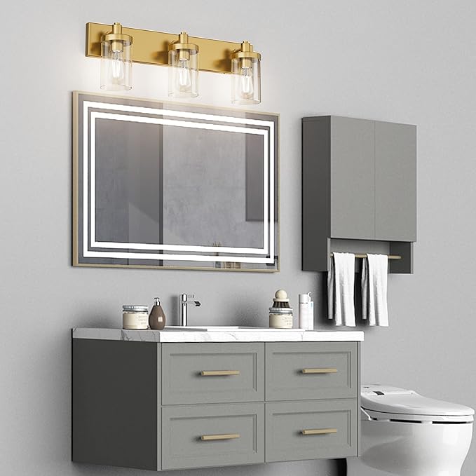 Aipsun Gold Vanity Light 3 Lights Bathroom Vanity Lighting Fixtures Over Mirror Bathroom Wall Light with Clear Glass Shade(Exclude Bulb)