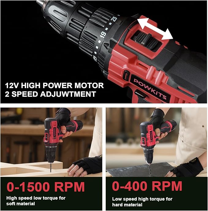 Cordless Drill Tool Set: 12V Power Drill Tool Kit with Battery & Charger, 142Pcs Home Hand Repair Tools Box, Portable Household Basic Drills Case for Men & Women, Red