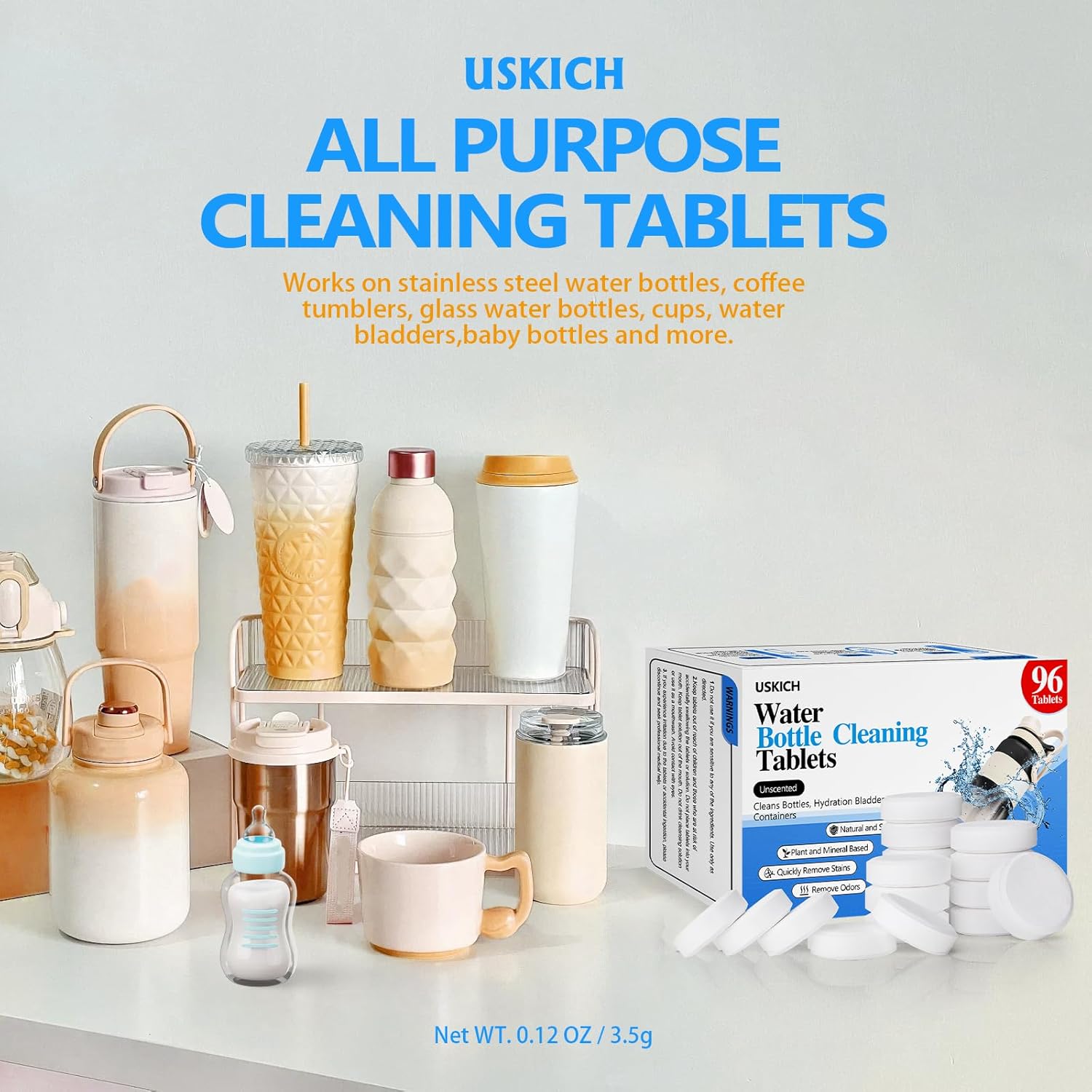 96Pack Water Bottle Cleaning Tablets, Bottle Bright Clean Stainless Steel, Thermos, Tumbler, Insulated and Reusable Water Bottles,Removes Stubborn Stains and Odors