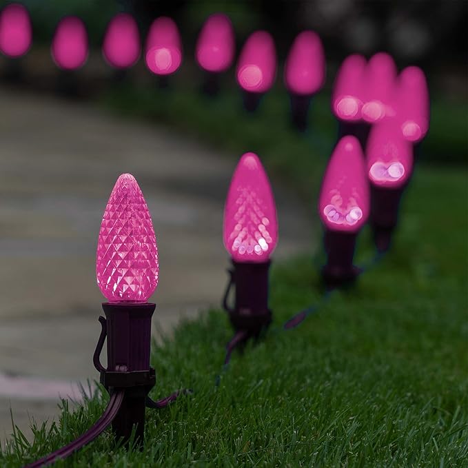 Wintergreen Lighting 25 Pack OptiCore C9 LED Pink Lights Replacement Christmas Light Bulbs - C9 LED Christmas Lights - Valentine Lights Premium Shatterproof, E17 Base (Faceted)