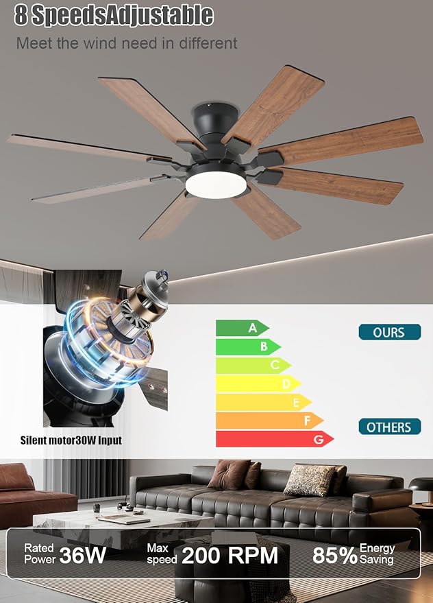 52 inch Ceiling Fan with Light, 6 Speeds Reversible Low Profile Ceiling Fan with Light and Remote/APP Control, 3 Color Temp+Dimmable RGB, 8 Blades, Flush Mount Quiet Ceiling Fans, Brown