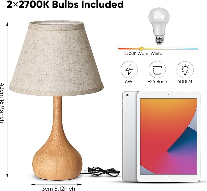 Touch Table Lamp for Bedroom Set of 2, 3-Way Dimmable Bedside Lamp for Nightstand, 17” Rustic Metal Desk Lamp with Linen Shade for Living Room, Kids Reading, Dorm, Home Office Decor, Bulb Included