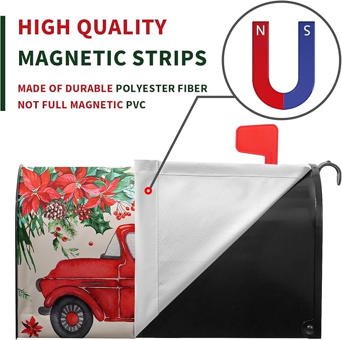 Christmas Red Truck Mailbox Covers Magnetic 25.5x21 Inches Large Size Winter Xmas Tree Mailbox Wraps Post Letter Box Cover Oversized for Outside Garden Yard Outdoor Decorations