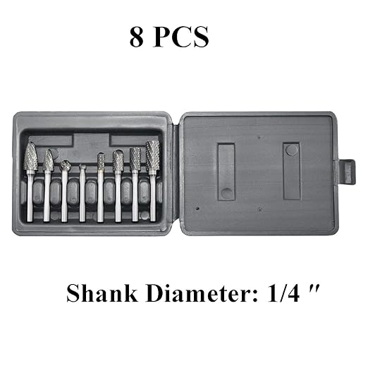 Carbide Burr Set 8pcs with 1/4''Shank Double Cut Solid Power Tools Tungsten Carbide Rotary Files Bits for Die Grinder Metal Wood Carving Engraving Polishing Drilling Grinding Milling Cutting