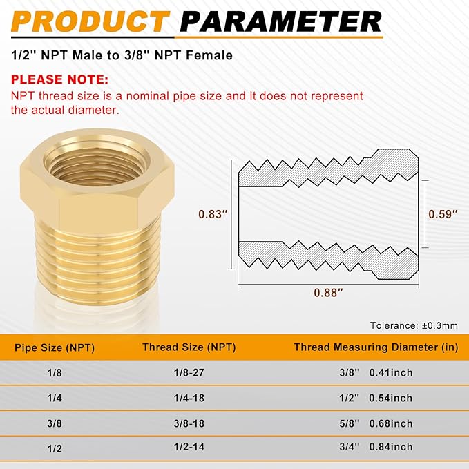 KOOTANS 4pcs Heavy Duty 1/2 NPT Male Thread to 3/8 NPT Female Thread Brass Reducer Hex Bushing Brass Fitting Pipe Hose Tube Adapter Convert
