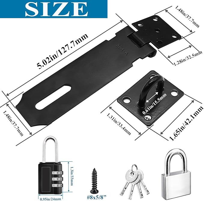 5 Inch Door Locks Hasp Latch 2 Pack,304 Stainless Steel Safety Padlock Clasp Hasp Lock Latch with Combo Lock & Padlock,Heavy Duty Gate Latch Lock with Screws(Black)