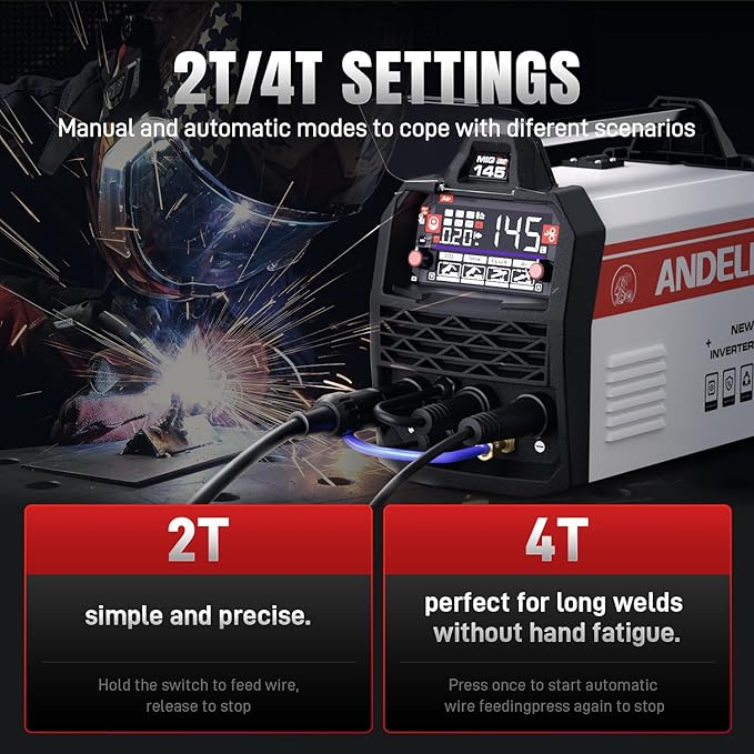 ANDELI 145Amp MIG Welder 110V/220V Dual Voltage, Portable Gas Welder Gas MIG/Flux MIG/Lift Tig/Stick 4-in-1 Multiprocess Welder LED Digital Display Welding Machine IGBT Inverter Welder