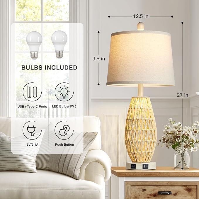 27“ Beige Rattan Table Lamps with Night Light, Boho Bedside Lamps Set of 2, Woven Wicker Bedroom Lamp for Nightstand with USB A+C Charging Port & AC Outlet, Tall Coastal Living Room Lamp