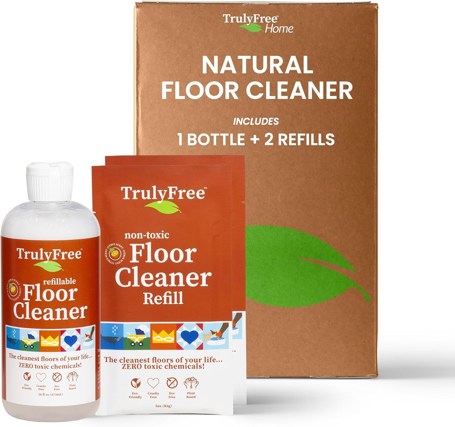 Truly Free Floor Cleaner Kit - Plant-Based Mopping Solution (16oz Reusable Empty Bottle + Two Pouches, 3oz ea.) - DIY All-Surface Cleaner for Hardwood, Tile, Wood & Concrete