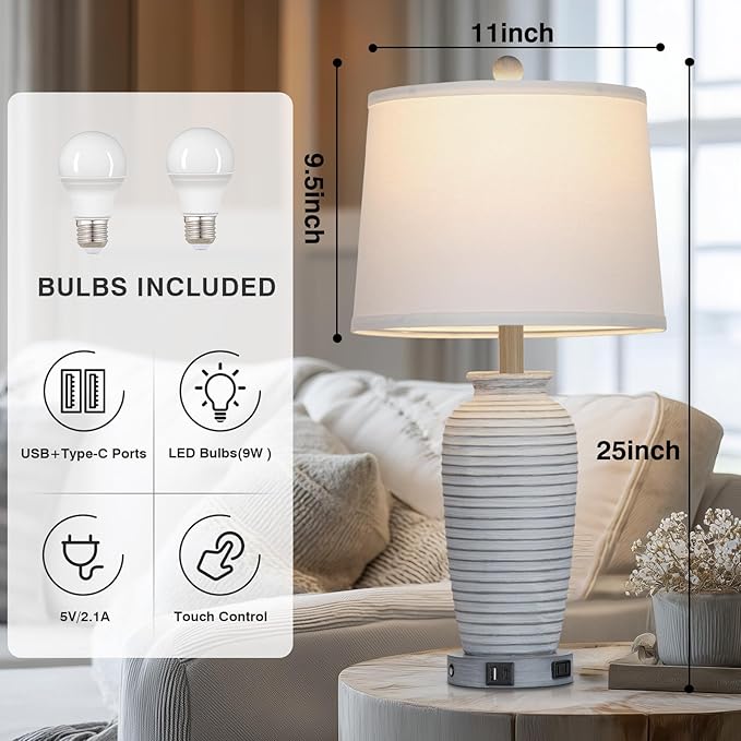 25" Vintage Farmhouse Jar Table Lamps, Single Rustic Bedside Lamp with USB A+C Ports & AC Outlet, Nightstand Lamps for Living Room, Bedroom, End Table, Grey White(LED Bulb Included)