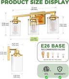 DORESshop 17 Inch Bathroom Light Fixtures, 3-Light Brushed Gold Bathroom Lighting Fixtures Over Mirror with Clear Glass Shade, Vanity Lights for Living Room Bedroom