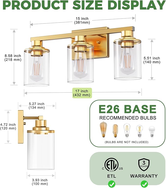 DORESshop 17 Inch Bathroom Light Fixtures, 3-Light Brushed Gold Bathroom Lighting Fixtures Over Mirror with Clear Glass Shade, Vanity Lights for Living Room Bedroom