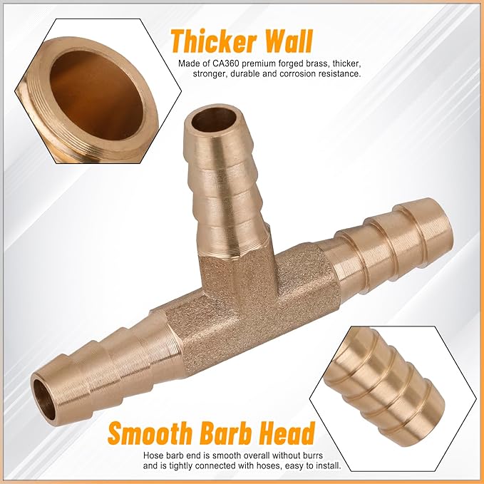 KOOTANS 18PCS Brass Hose Barb Fittings Barb Tee T-Fitting 3 Way Union Kit 1/8″ 3/16" 1/4" 5/16" 3/8" 1/2" Barbed Air Hose Fittings with 30pcs Pipe Clamps for Water Fuel Air Line Connector Fitting