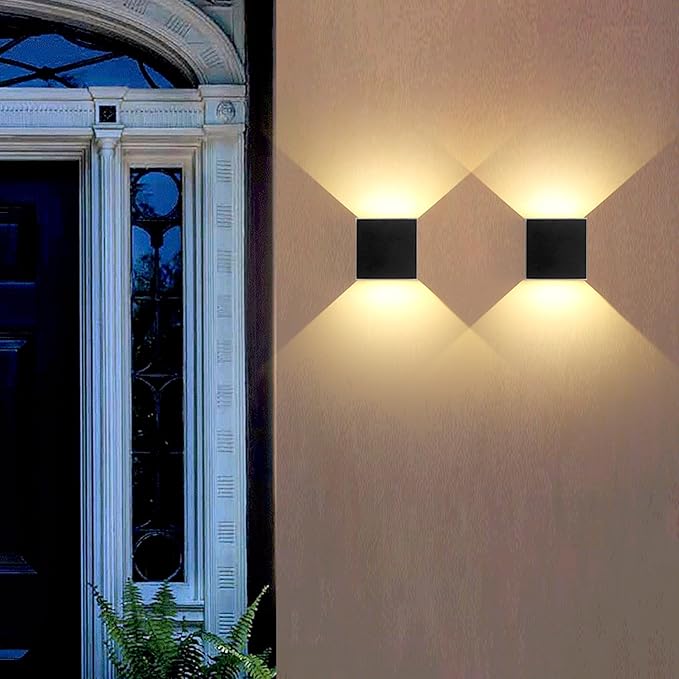2 Pack LED Outdoor Wall Lights Exterior/Interior, Up and Down Lights IP65 Waterproof Wall Sconces, Square Aluminum Outdoor Wall Lighting Fixtures, Modern Black 12W 3000K Warm Lights