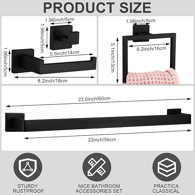 Gisafai 15 Pcs Bathroom Hardware Accessories Set 23.6 Inch Bath Towel Bar Kit Stainless Steel Bathroom Hardware Set Towel Racks Ring Hooks Paper Holder for Wall Mounted (Black)