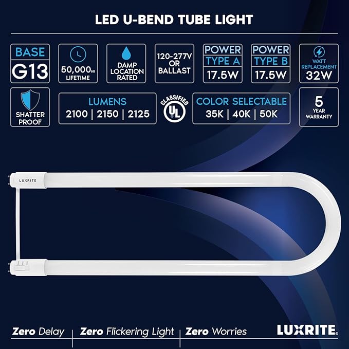 Luxrite U Bend LED Tube Light, T8 T12, 17.5W (32W Equivalent), 3 Colors 3500K | 4000K | 5000K, 2100 Lumens, Fluorescent Light Tube Replacement, Direct or Ballast Bypass, UL Certified, G13 Base, 2-Pack