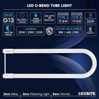 Luxrite U Bend LED Tube Light, T8 T12, 17.5W (32W Equivalent), 3 Colors 3500K | 4000K | 5000K, 2100 Lumens, Fluorescent Light Tube Replacement, Direct or Ballast Bypass, UL Certified, G13 Base, 4-Pack