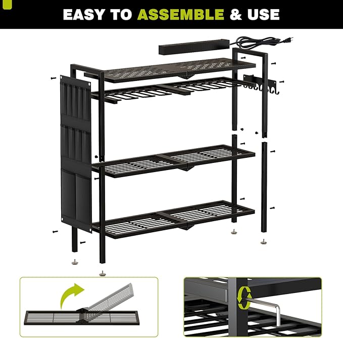 Large Power Tool Organizer Cart with Charging Station 8 Drill Holder Garage Storage Standing Heavy Duty and Stability Storage Rack Utility Tool Shelf (Black)