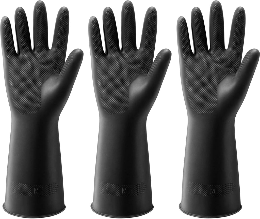 ThxToms 3 Pairs Dishwashing Gloves, Reusable Latex Cleaning Gloves for Housework Kitchen Bathroom, Durable Flexible & Anti-slip, Smooth Lining, Easy On & Off, Medium, Black