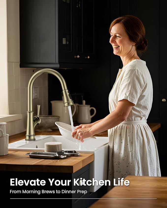 APPASO Gold Kitchen Faucet with Pull Down Sprayer, Antique Single Handle 1 Hole High Arc Pull Out Kitchen Sink Faucets