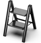 GameGem 2 Step Ladder, Folding Step Stool with Wider Pedal, Anti-Slip Feet & Non Slip Stripes, Aluminum Sturdy Material, 300Lbs Capacity, Elegant Look of Piano Black Better Matches Your Home
