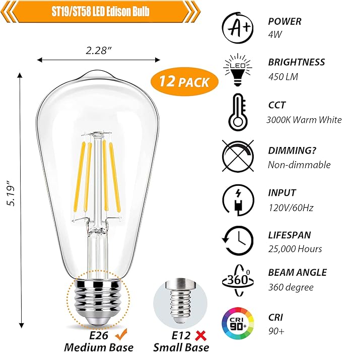 12 Pack LED Edison Bulbs 40 Watt Equivalent, 4 Watt LED Filament Bulb, 3000K ST19 Warm White Light Bulb, 450LM E26 Vintage Bulbs CRI 90, Not Dimmable