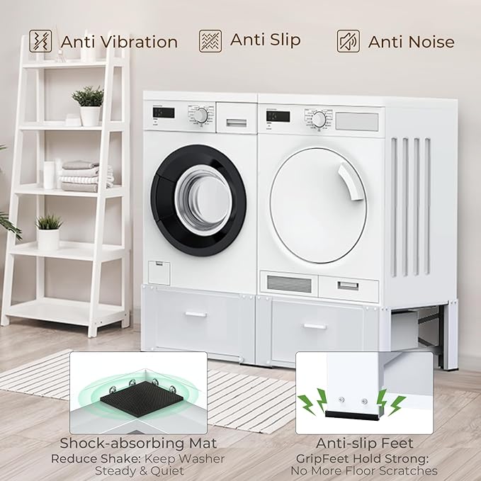 SKM 2-Pack 29" Washer & Dryer Pedestal Stand with Storage Drawer | Heavy-Duty Steel, 700LB Capacity | 14.3" Ergonomic Height, White