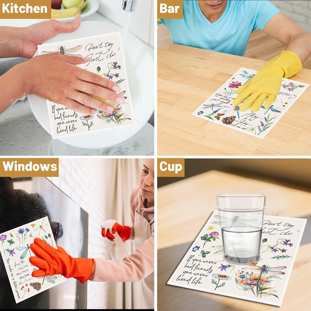 Dragonfly Swedish Dishcloths for Kitchen, 6 Pack Vintage Wildflower Reusable Paper Hand Dishing Towels Housewarming Gifts, Absorbent Dish Rags Decoration for Home Cooking Cleaning