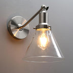 PERMO Industrial Vintage Slope Pole Wall Mount Single Sconce with Funnel Flared Clear Glass Shade Wall Sconce Light Lamp Fixture (Brushed)