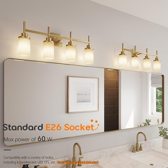 Wall Light Fixtures 4-Light Over Mirror, Gold Vanity Lights with White Frosted Glass Shade, Wall Sconces for Bathroom Washroom Kitchen T001GD-L4
