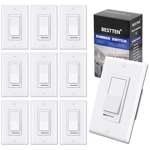 BESTTEN 10 Pack Dimmer Light Switch, Single-Pole or 3-Way Dimmer Switches, 120V, Compatible with Dimmable LED, CFL, Incandescent and Halogen Bulbs, Decorator Wallplate Included, UL Listed, White
