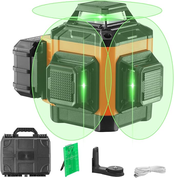 VEVOR 100ft Self Leveling Laser Level, Manual Green 3 x 360° Cross Line Laser, Manual Self-leveling Mode 12 Lines Laser, IP54 Waterproof 8h Continuous Working Time Line Laser