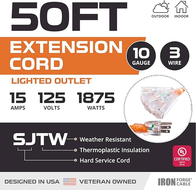Iron Forge Cable 10 Gauge 50ft Lighted Outdoor Heavy Duty Extension Cord with 3 Outlets - 15 Amp 10/3 SJTW Orange Extension Cord with Multiple Outlets