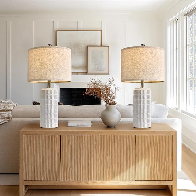 PoKat 24" Farmhouse Ceramic Table Lamps Set of 2 for Bedroom, White Stone-Like Bedside Lamps for Night Stands, Matte-Textured Decor Nightstand Table Lamps for Living Room End Table White