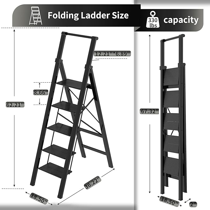 5 Step Ladder Adult Portable Folding Step Stool, Folding Aluminum Step Ladder with Double Padded Treads, Step Ladder with Handle for Home, Kitchen, Outdoor, 330 lb Weight Capacity - Black