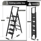 5 Step Ladder Adult Portable Folding Step Stool, Folding Aluminum Step Ladder with Double Padded Treads, Step Ladder with Handle for Home, Kitchen, Outdoor, 330 lb Weight Capacity - Black