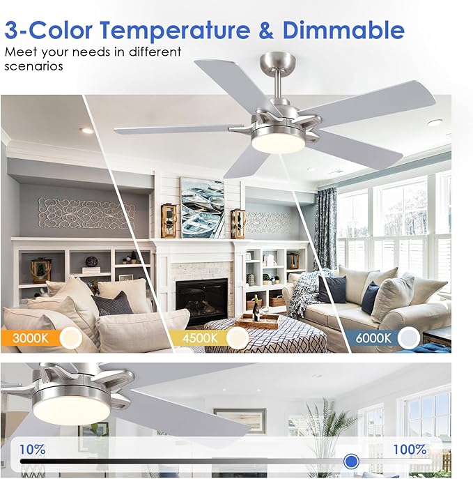 52" Ceiling Fan with Lights and Remote - Low Profile Ceiling Fans with 5 Dual-Sided Blades and Reversible Motor, Indoor/Outdoor Ceiling Fan Lights for Modern Bedroom, Covered Patios, Nickel