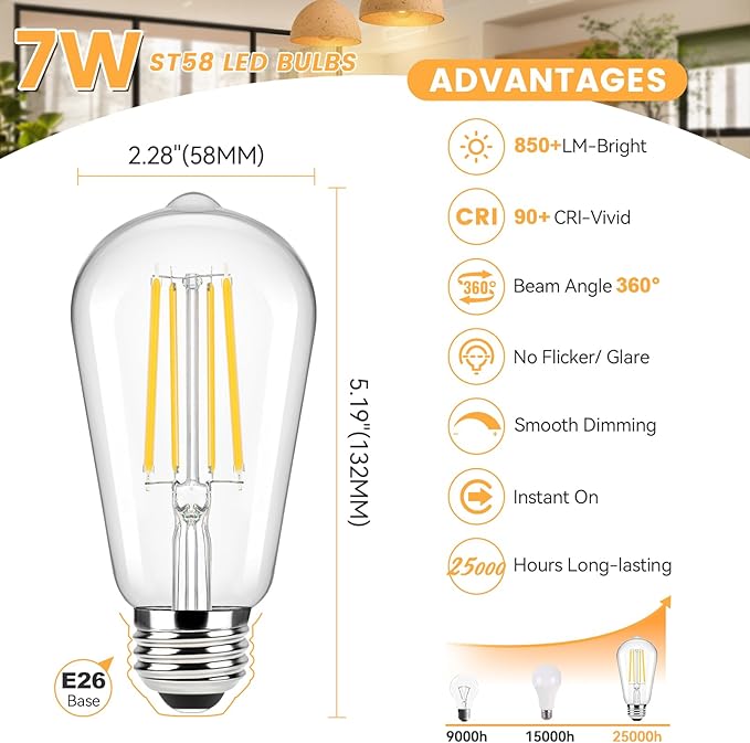 Brightever Edison Light Bulbs 60W Equivalent, Dimmable LED Bulb, 7W, 850LM E26 Vintage Light Bulbs 2700K Warm White, 90+CRI, ST58 Clear Glass Antique Filament LED Bulb for Home, 10 Pack