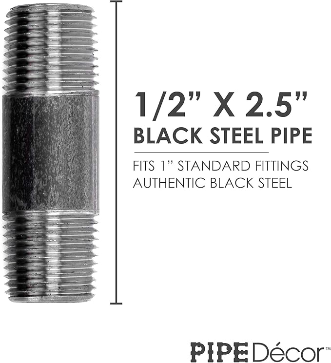 PIPE DÉCOR 1/2" x 2-1/2" Malleable Cast Iron Pipe Nipple, Pre Cut Connectors, Industrial Steel Grey Fits Standard Half Inch Black Threaded Pipes Nipples and Fittings, Vintage DIY Furniture, 10 Pack