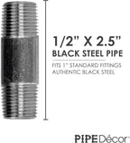 PIPE DÉCOR 1/2" x 2-1/2" Malleable Cast Iron Pipe Nipple, Pre Cut Connectors, Industrial Steel Grey Fits Standard Half Inch Black Threaded Pipes Nipples and Fittings, Vintage DIY Furniture, 10 Pack