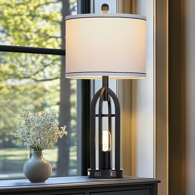 27" Tall Vintage Table Lamp with USB C+A & Outlet,Black Industrial End Table Lamp for Living Room,Farmhouse Rustic Bedside Lamps with Night Light for Bedroom Nightstand,Black（2 LED Bulbs Included）