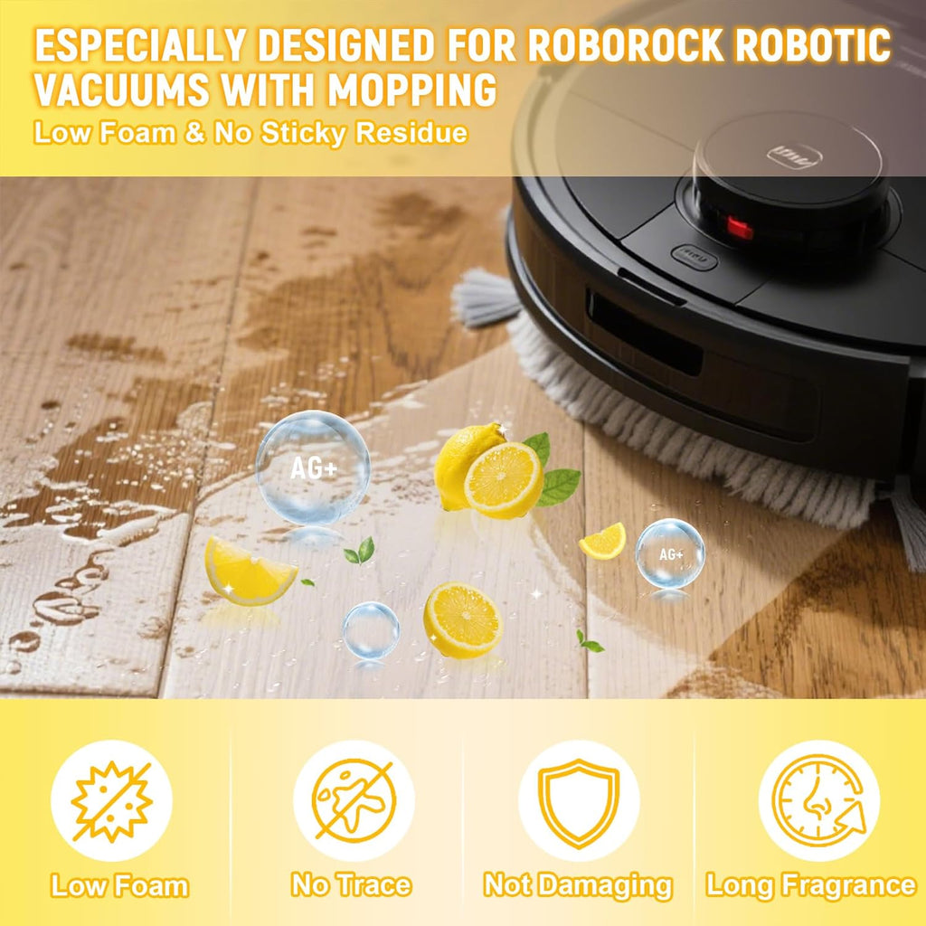 Floor Cleaning Solution Compatible With Roborock Robot Vacuum and Mop Cleaner (Qrevo/Q7/Q10/Saros 10R), Deep Cleans For Multiple Hard Floor, Suitable for All Robot Vacuum With Mopping (Lemon)