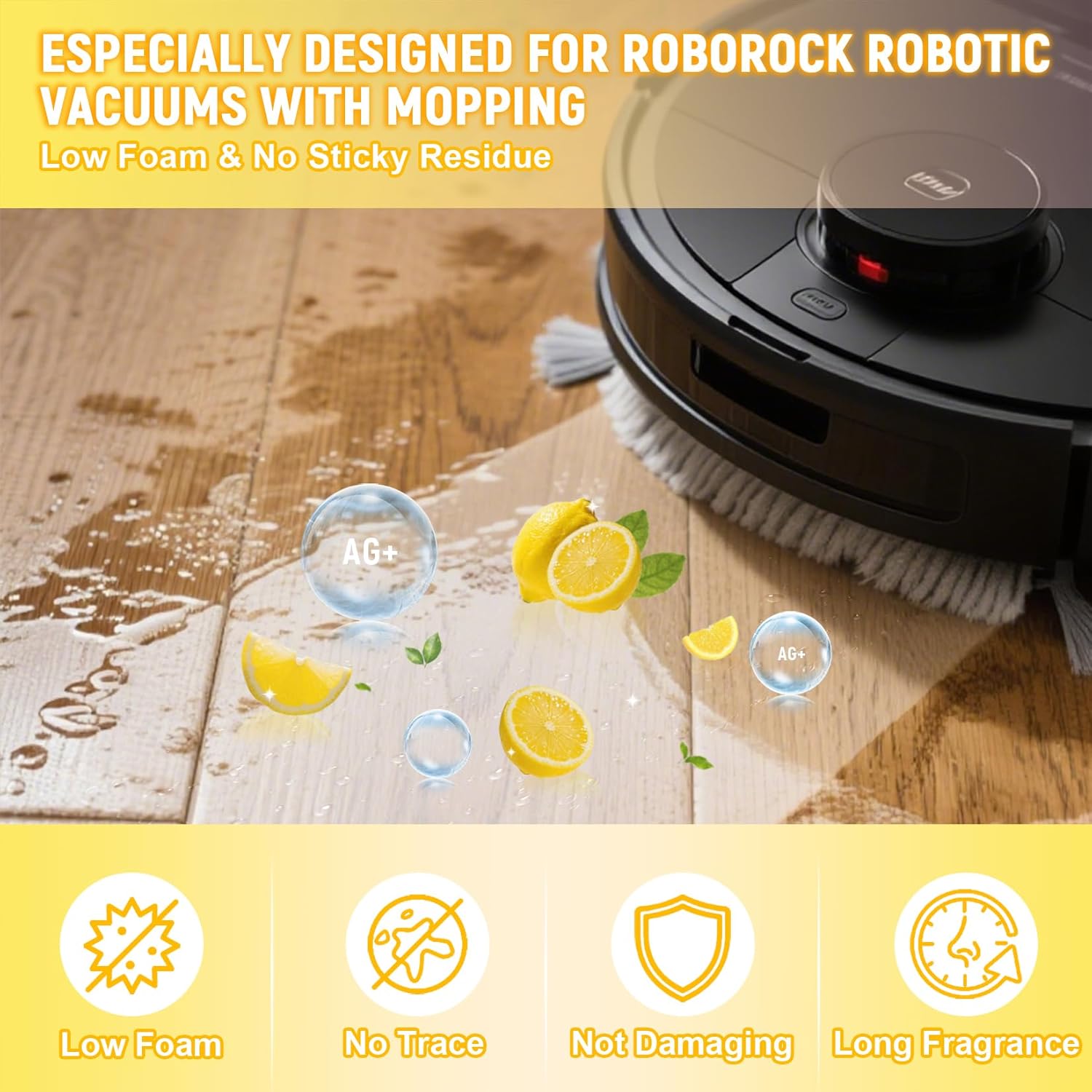 Floor Cleaning Solution Compatible With Roborock Robot Vacuum and Mop Cleaner (Qrevo/Q7/Q10/Saros 10R), Deep Cleans For Multiple Hard Floor, Suitable for All Robot Vacuum With Mopping (Lemon)