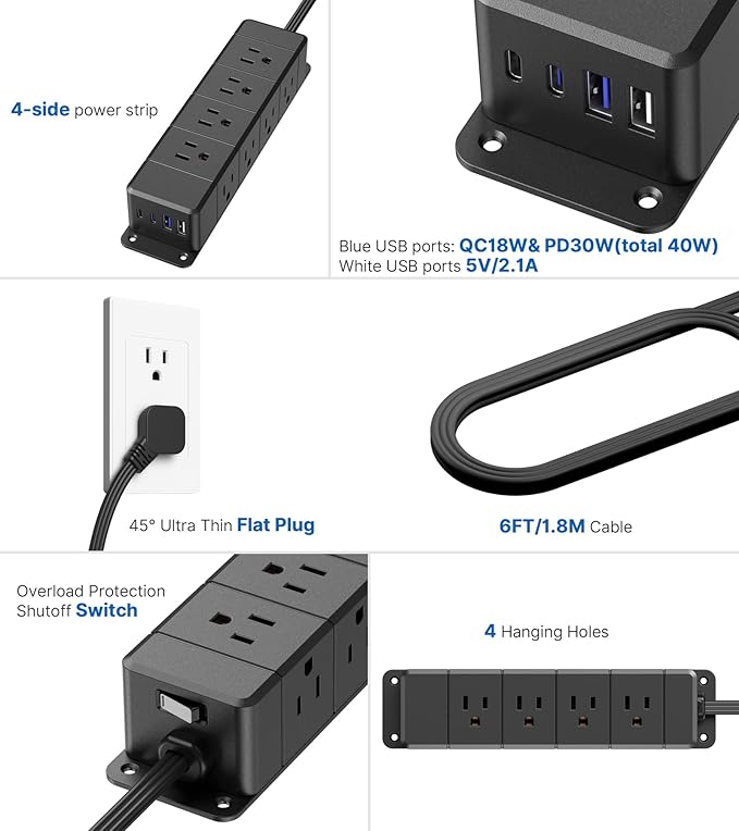 30W USB C Power Strip Surge Protector,Ultra Thin Flat Plug Power Strip 4 Side 12 Outlets,1 PD Fast Charing,2 USB-C, 2 USB-A(4 USB Total 40W),6ft Slim Extension Cord,16 in 1 Desk Power Bar,1200J Black