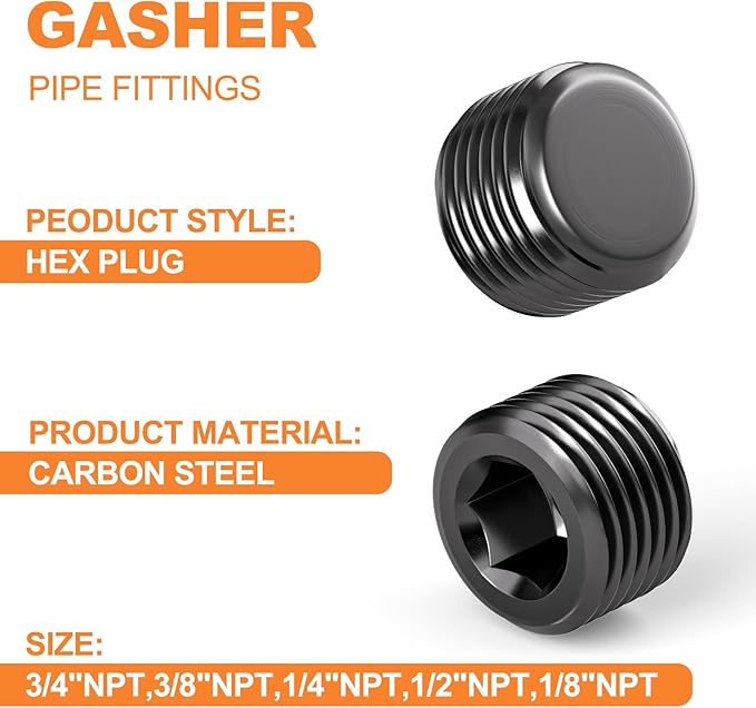 GASHER 70Pcs Carbon Steel Pipe Plug Fitting Internal Hex Thread Socket Pipe Plug Set, 1/8" 1/4" 3/8" 1/2" 3/4" NPT