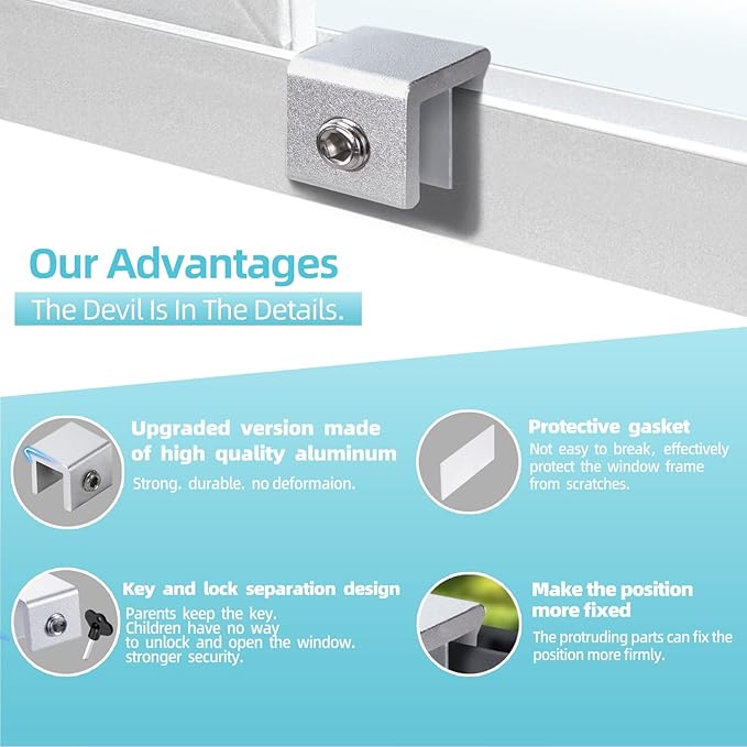 Window Locks for Up and Down Windows 4 Pack Window Stopper Sliding Window Lock for Vertical Horizontal Sliding Windows Doors with Key Aluminum Window Security Locks Child Proof(Silver Small)